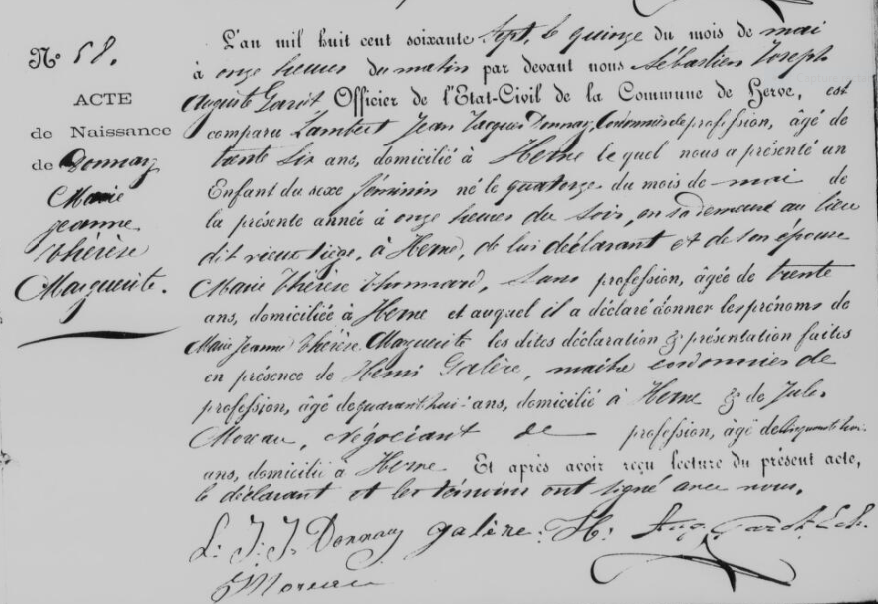 Acte de naissance de Marie Jeanne Thérése Marguerite DONNAY