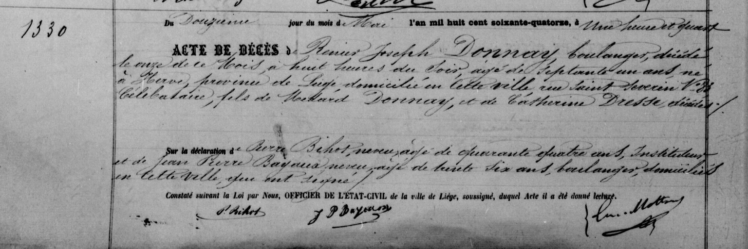 Document de décès de Renier Joseph DONNAY