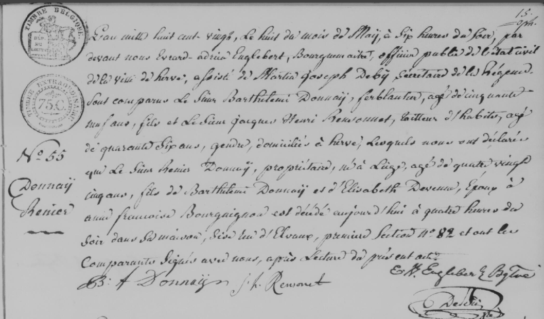 Document de décès de Renier DONNAY
