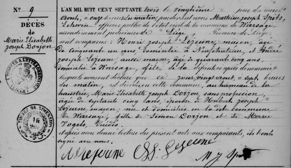 Document de décès de Marie Elisabeth Joseph DORJON