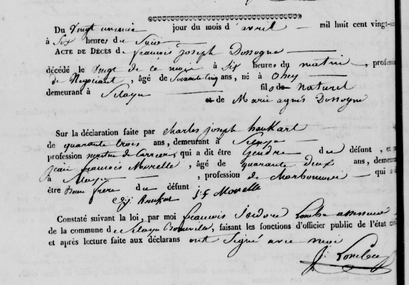Document de décès de François Joseph DOSSOGNE (Daussogne)