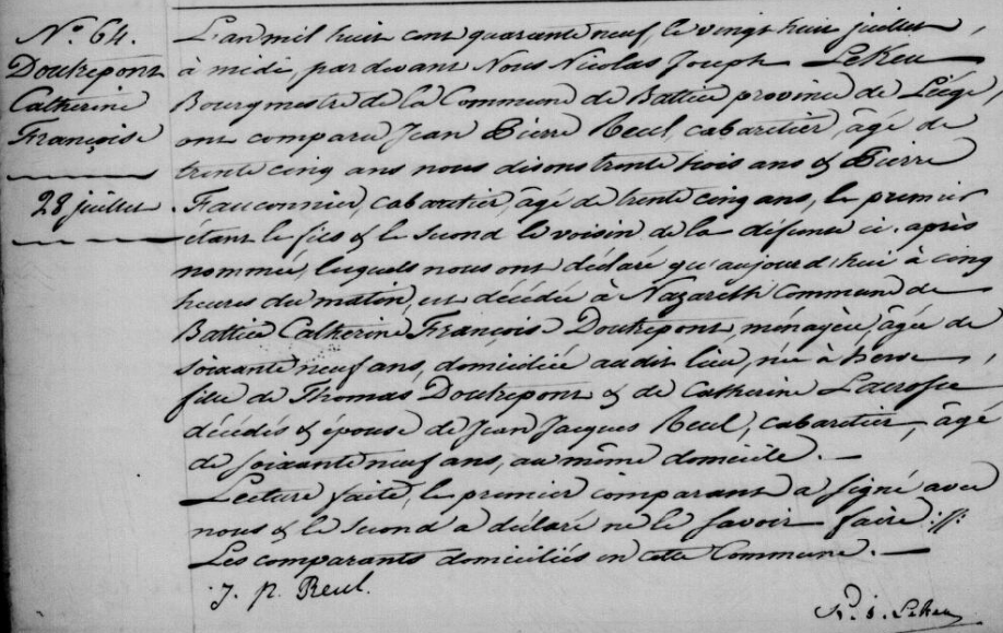 Document de décès de Catherie Francoise DOUTREPONT