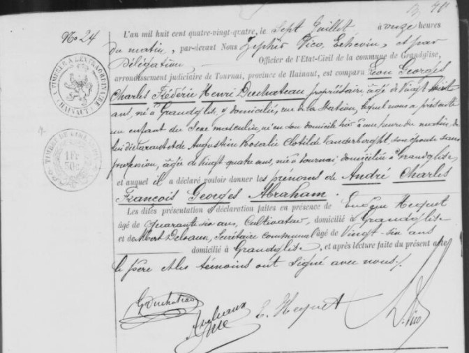 Acte de naissance de André Charles François Georges Abraham DUCHATEAU