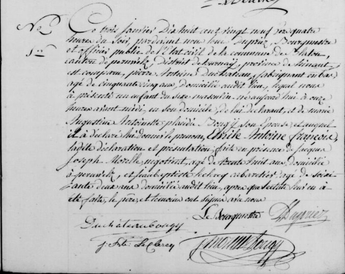 Acte de naissance de Emile Antoine François DUCHATEAU