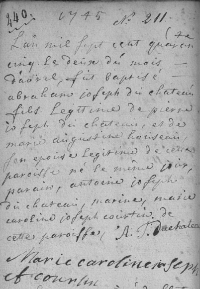 Acte de naissance de Abraham Joseph DUCHATEAU