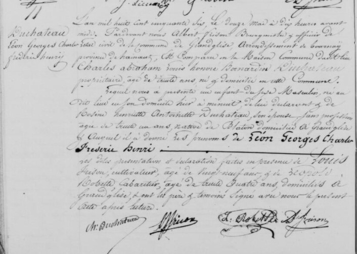 Acte de naissance de Léon Georges Charles Frédéric Henri DUCHATEAU