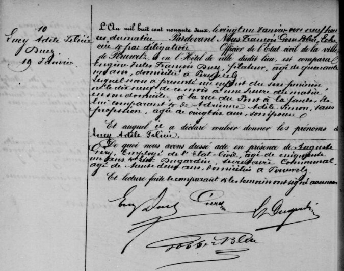 Acte de naissance de Lucie Adèle Félicie DUEZ