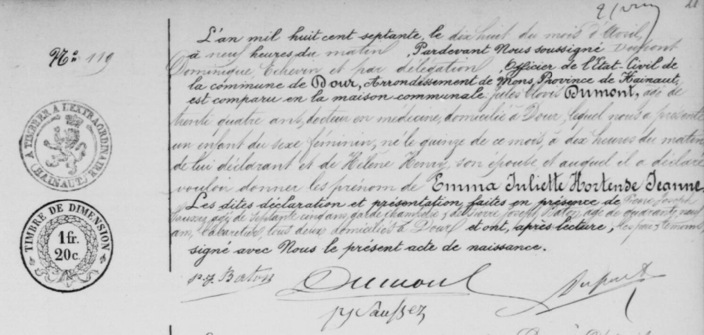 Acte de naissance de Emma Juliette Hortense Jeanne DUMONT