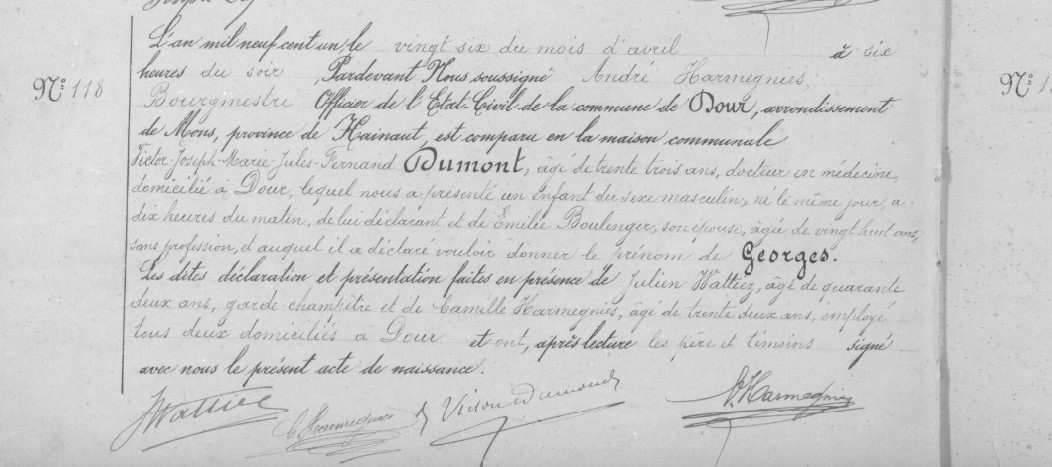 Acte de naissance de Georges DUMONT