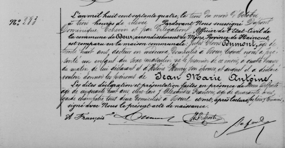 Acte de naissance de Jean Marie Antoine DUMONT
