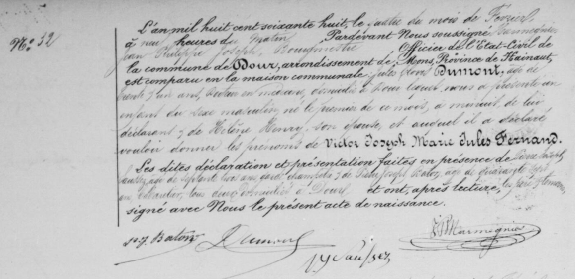 Acte de naissance de Victor Joseph Marie Jules Fernand DUMONT