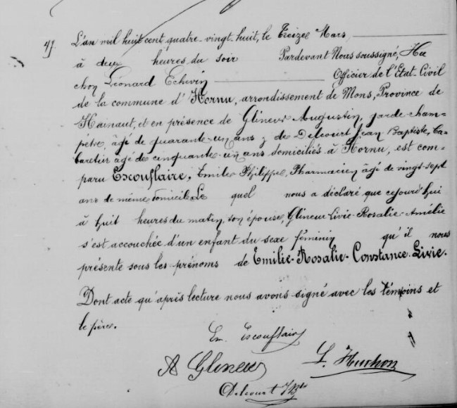 Acte de naissance de Emilie Rosalie Constance Livie ESCOUFLAIRE