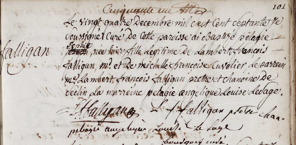 Acte de naissance de Pélagie Sophie FALLIGAN