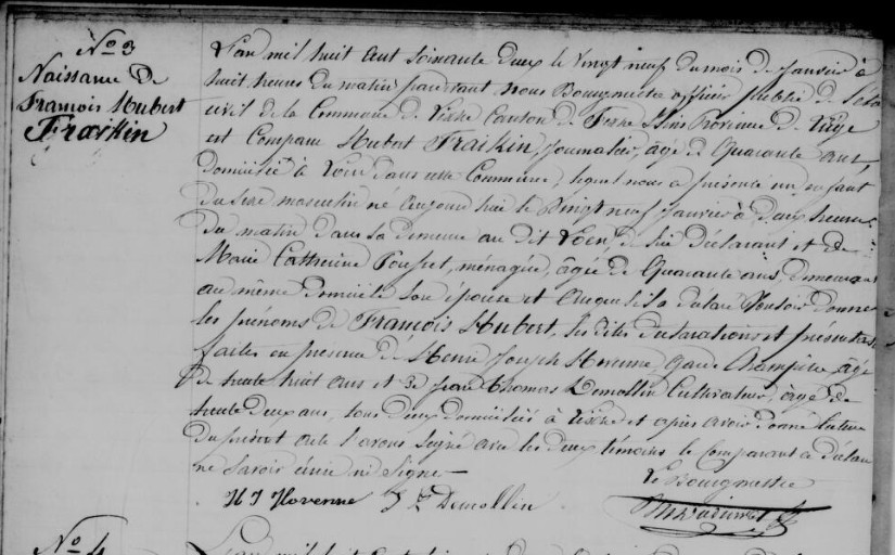Acte de naissance de François Hubert FRAIKIN