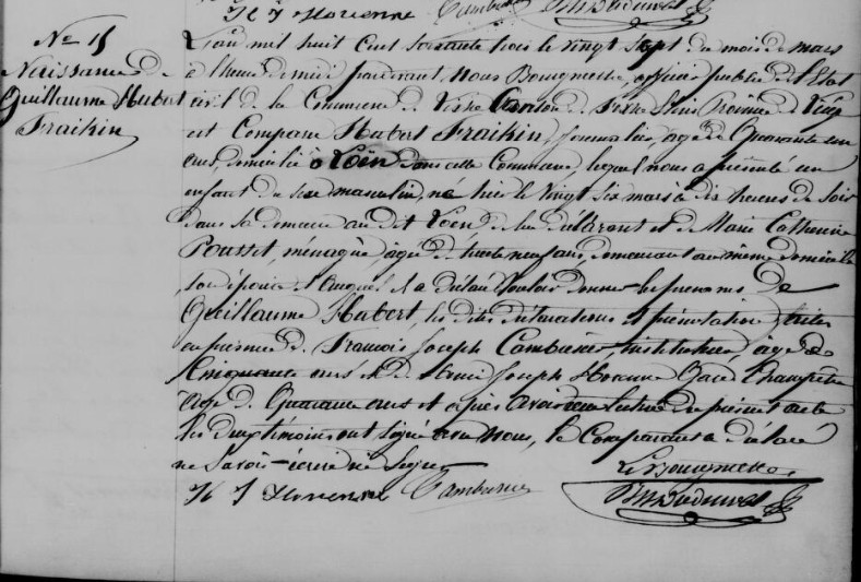 Acte de naissance de Guillaume Hubert FRAIKIN