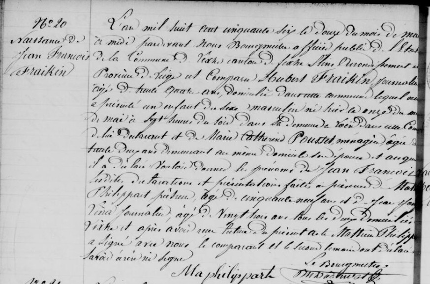 Acte de naissance de Jean François FRAIKIN