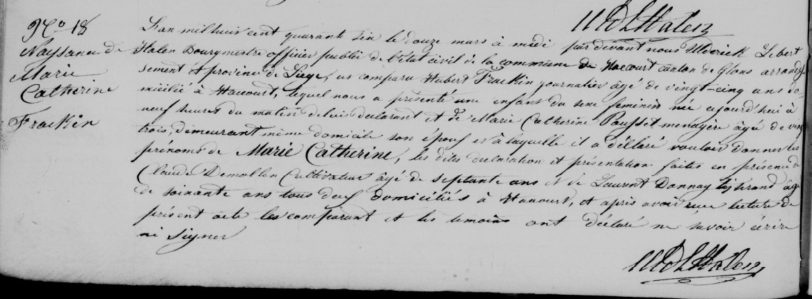 Acte de naissance de Marie Catherine FRAIKIN