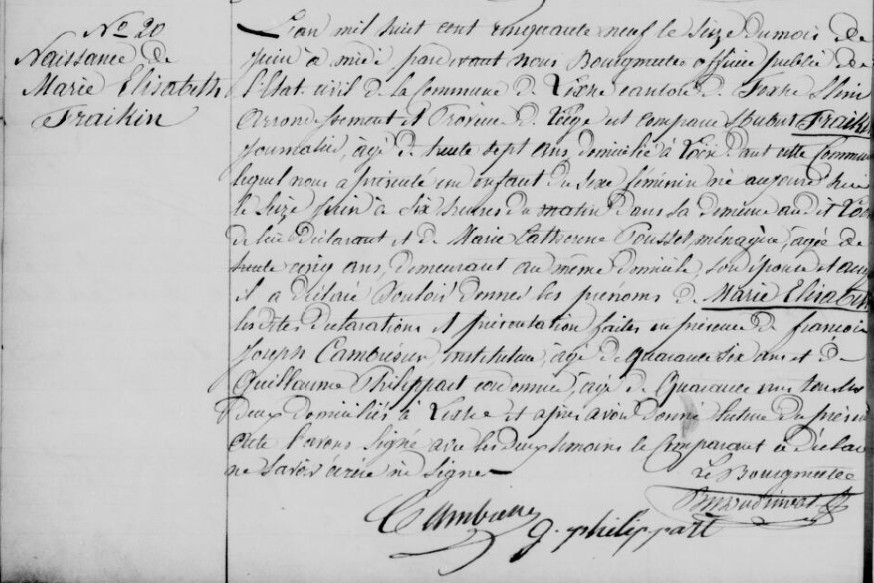 Acte de naissance de Marie Elisabeth FRAIKIN