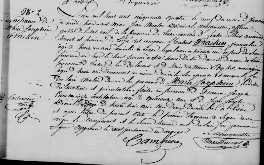 Acte de naissance de Marie Josephine FRAIKIN ***