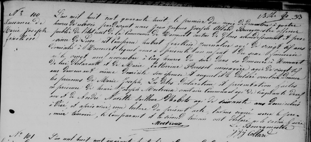 Acte de naissance de Marie Joseph FRAIKIN