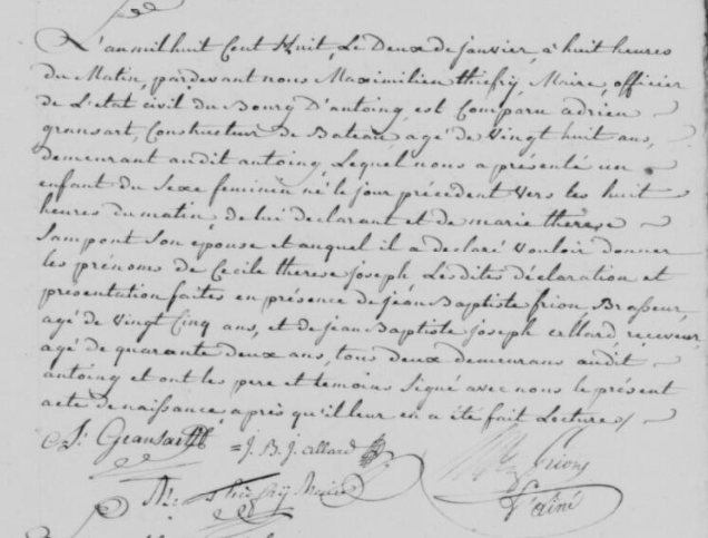 Acte de naissance de Cécile, Therese, Joseph Gransart