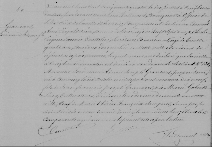Document de décès de Ferdinand Adrien Joseph GRANSART