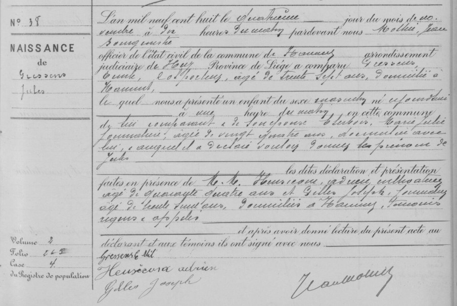 Acte de naissance de Jules GRESSENS
