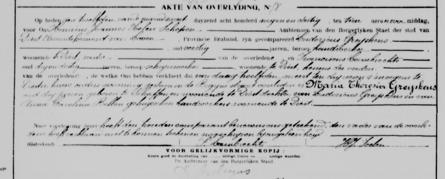 Acte de naissance de Maria Theresa GRESSENS