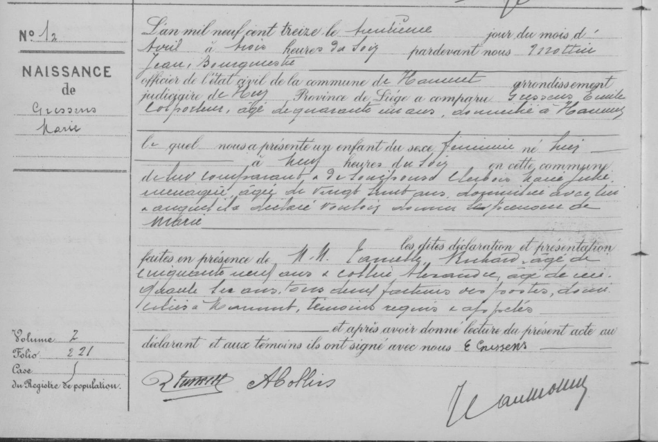 Acte de naissance de Marie GRESSENS