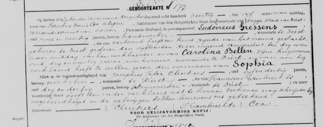 Acte de naissance de Sophie GRESSENS