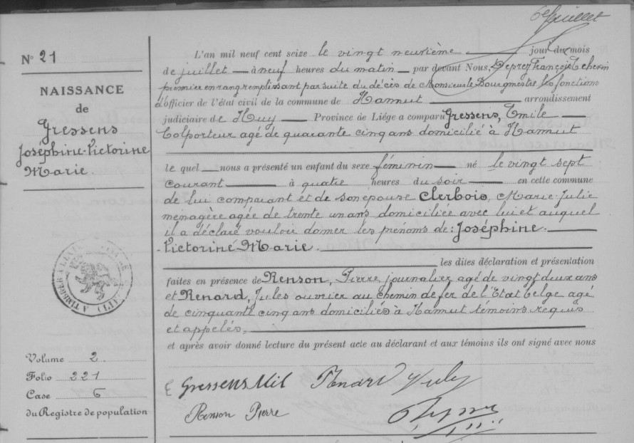 Acte de naissance de Joséphine Victorine Marie GRESSENS