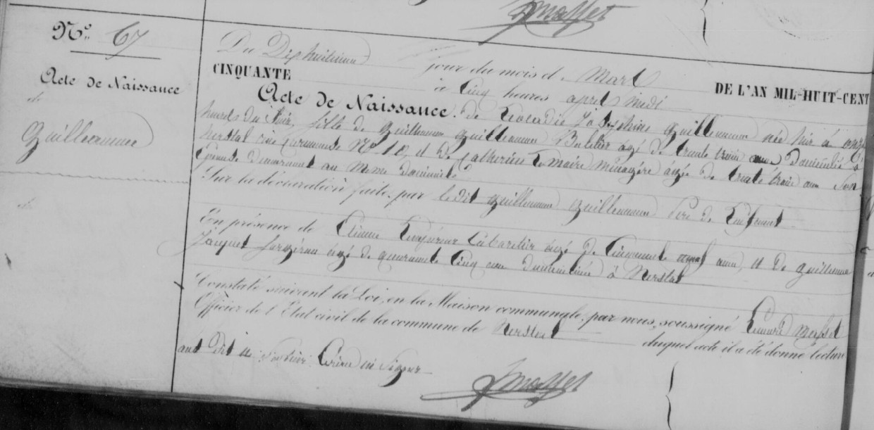 Acte de naissance de Léocardie Joséphine GUILLAUME ***