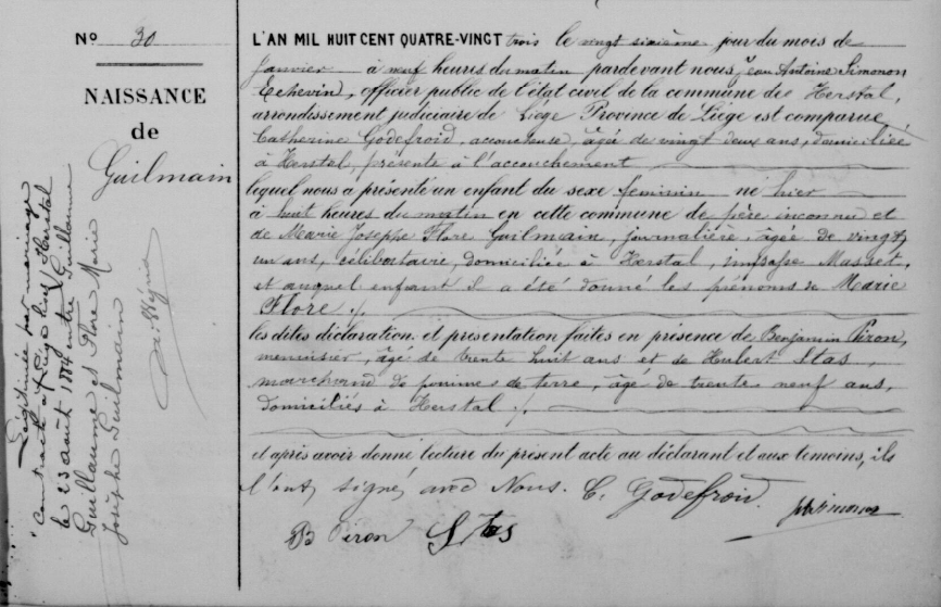 Acte de naissance de Marie Flore GUILLAUME (Née Guilmain)
