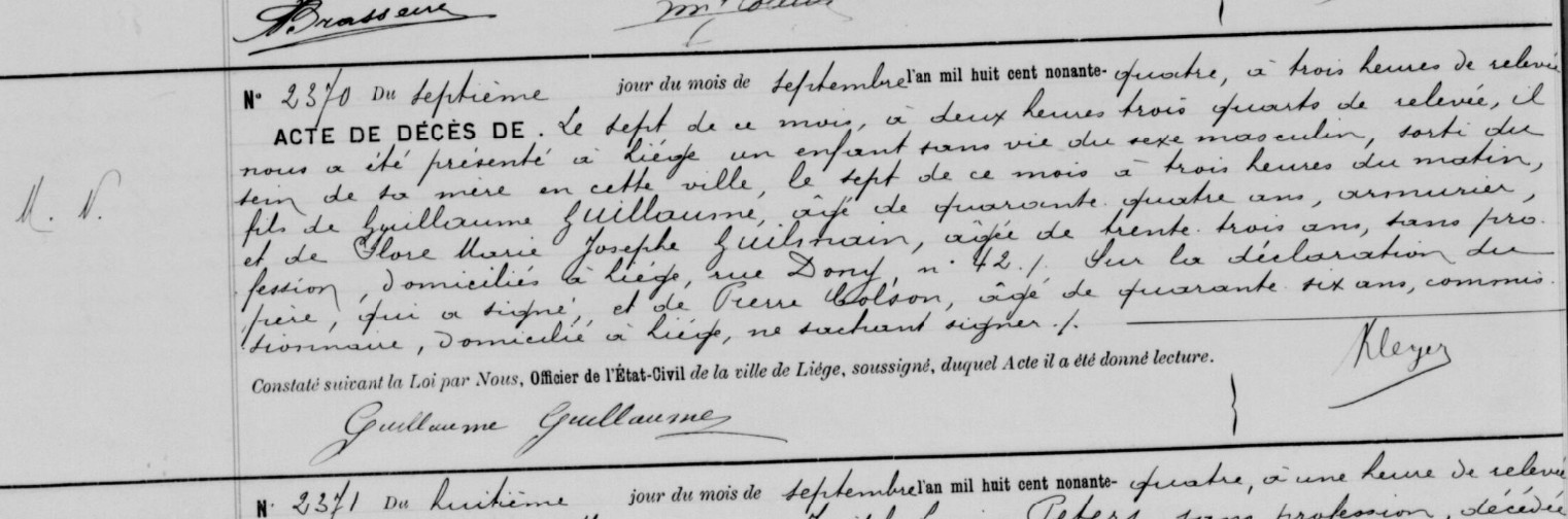 Document de décès de M. N. GUILLAUME ***