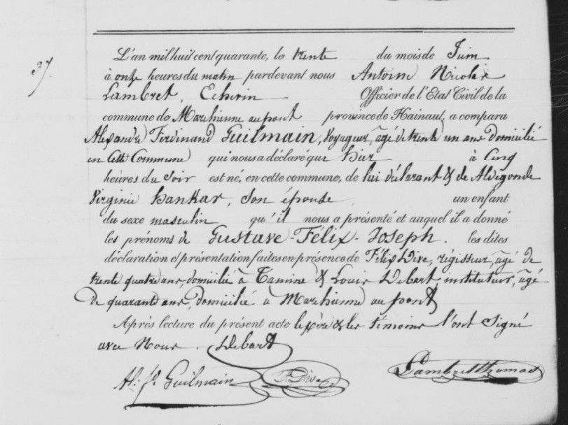 Acte de naissance de Gustave Félix Joseph GUILMAIN