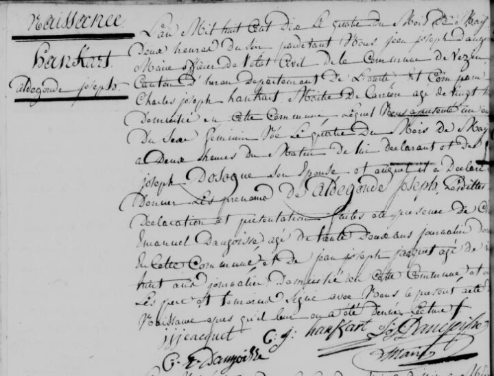 Acte de naissance de Aldengonde Virginie Joseph HANKART