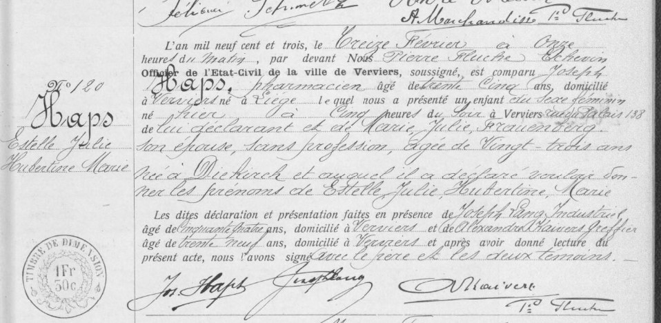 Acte de naissance de Estelle Julie Hubertine Marie HAPS