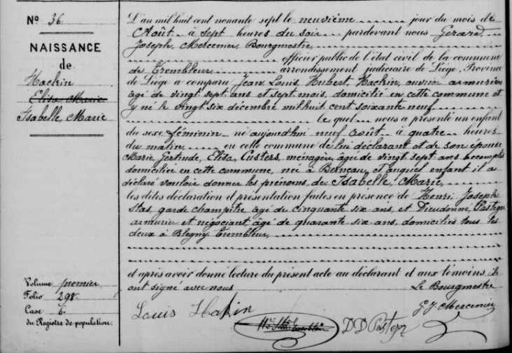 Acte de naissance de Isabelle Marie HACKIN