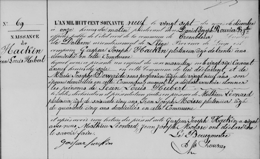 Acte de naissance de Jean Louis Hubert HACKIN