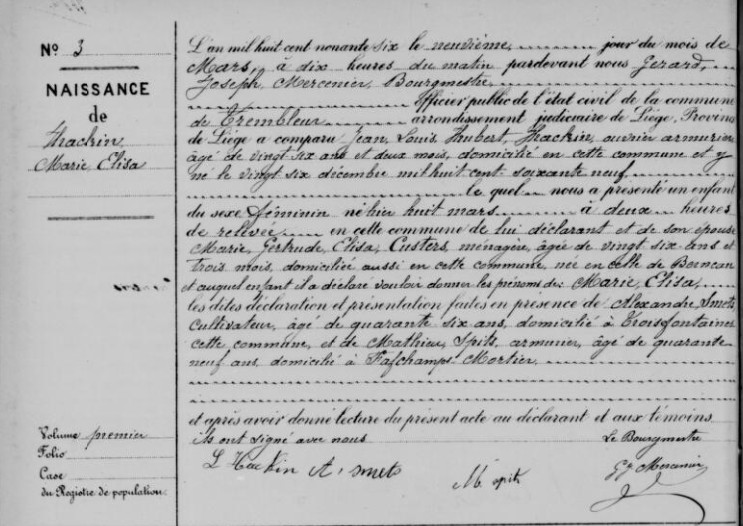 Acte de naissance de Marie Elisa HACKIN