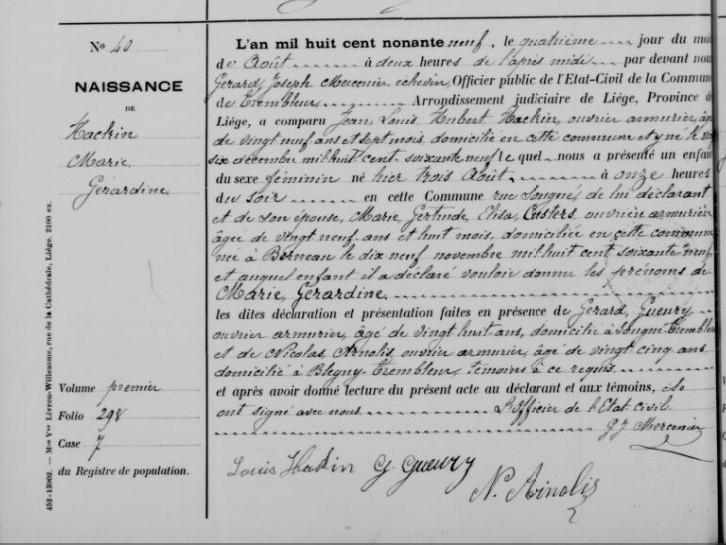 Acte de naissance de Marie Gérardine HACKIN