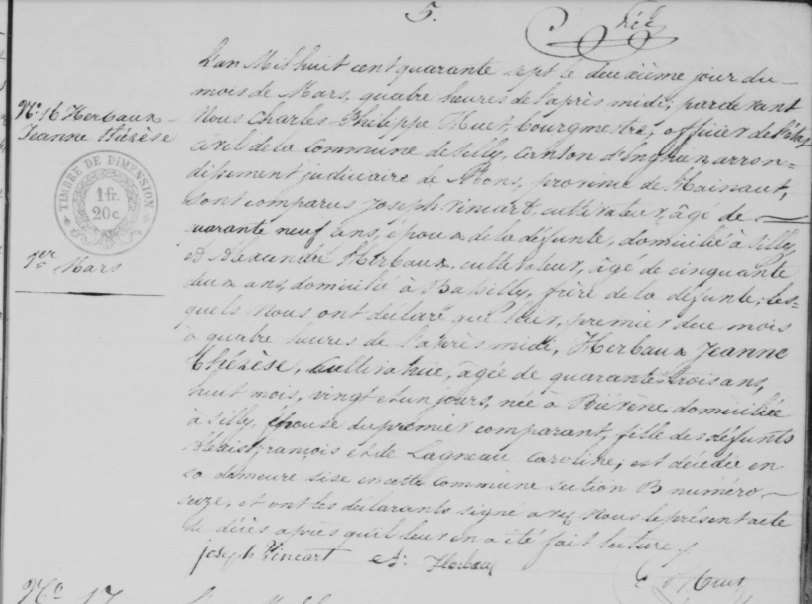 Document de décès de Marie Jeanne Therese HERBAUX
