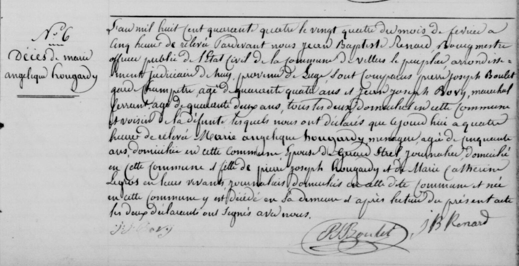 Document de décès de Marie Angélique HOUGARDY