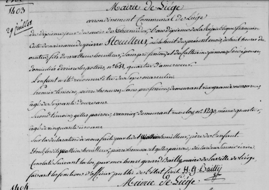 Acte de naissance de Pierre HOUILLEUR