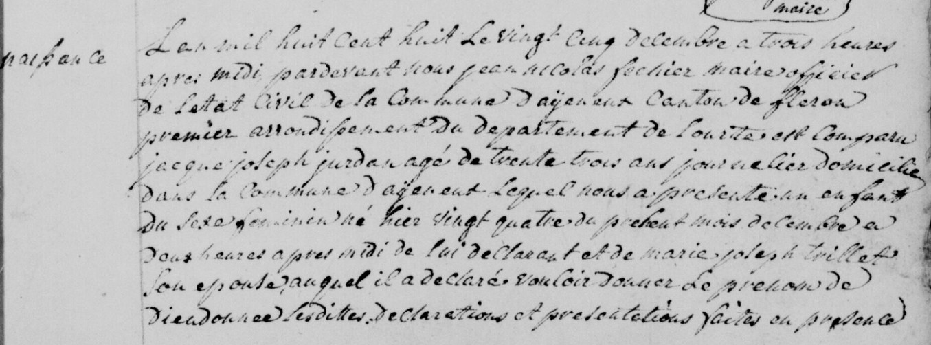 Acte de naissance de Dieudonnée JURDAN