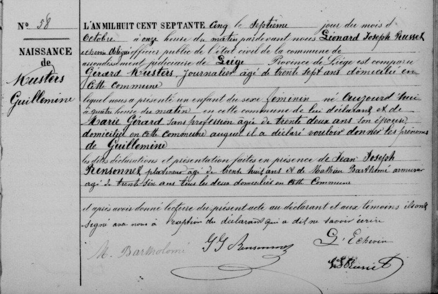 Acte de naissance de Guillemine KUSTERS