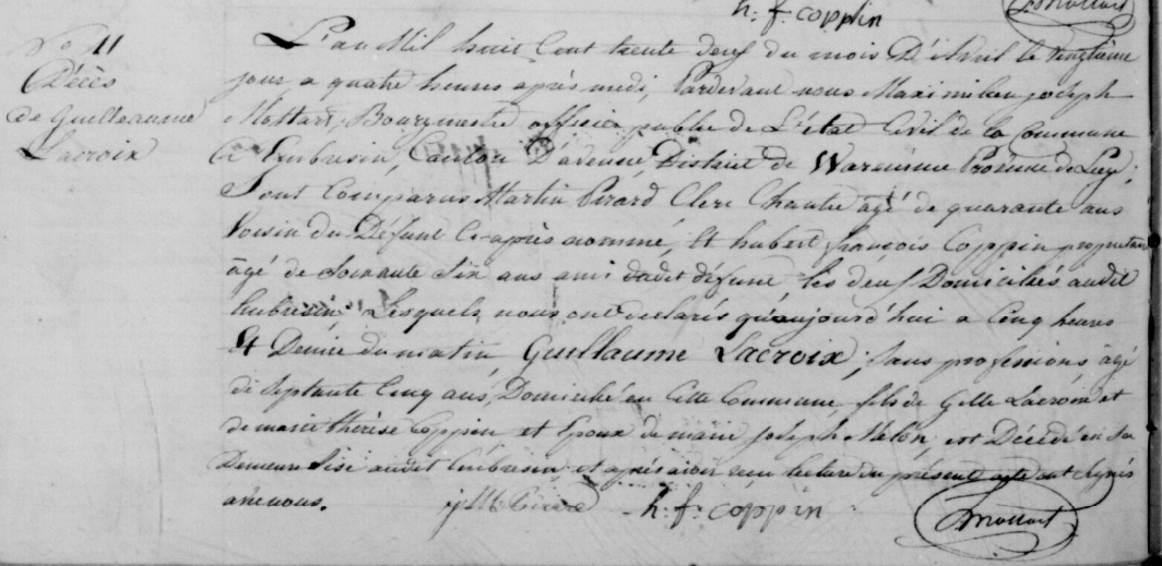 Document de décès de Guillaume Joseph LACROIX