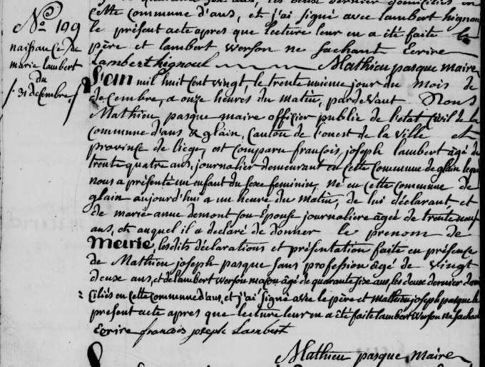 Acte de naissance de Marie LAMBERT