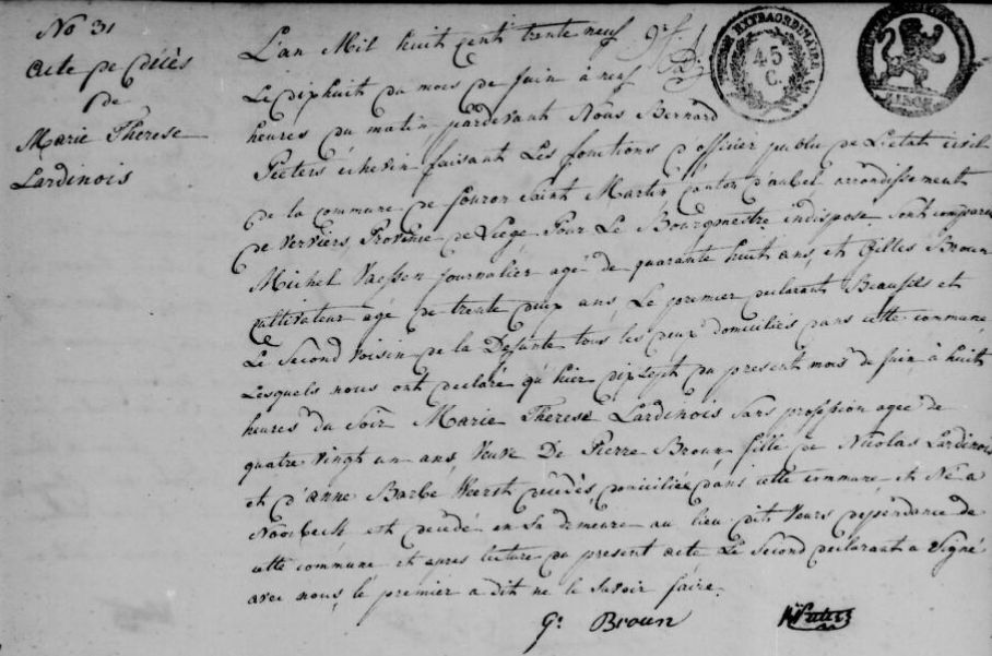 Acte de naissance de Marie Therese LARDINOIS