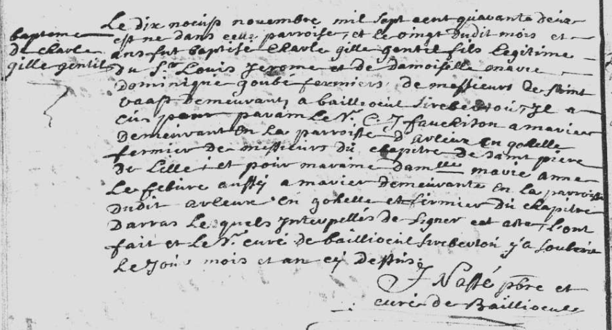 Acte de naissance de Charles Gilles LE GENTIL Seigneur de Méricourt (DR)